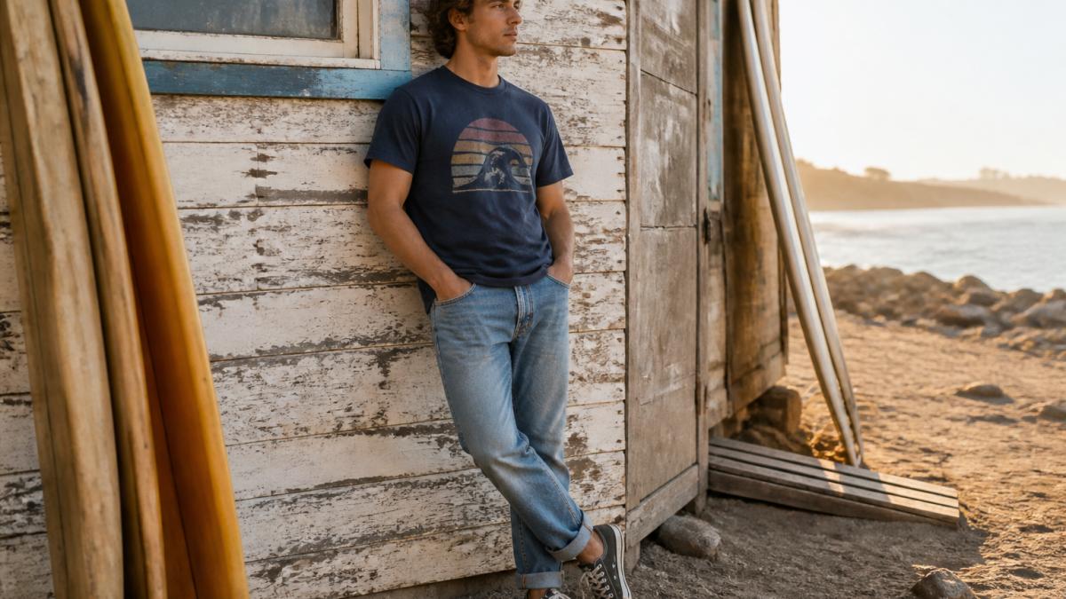 A young adult wearing a faded navy surf graphic tee with rolled-up jeans and canvas sneakers, leaning against a weathered beach-shack wall in late afternoon light