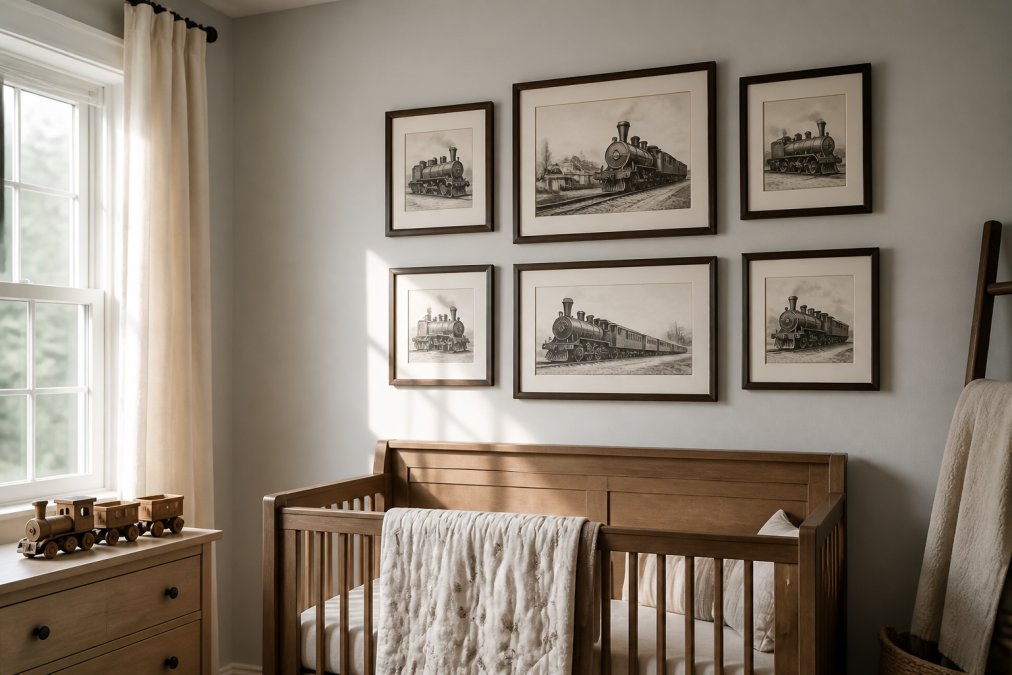 Gallery wall of vintage train wall art prints above a wooden crib in a sunlit modern nursery with neutral bedding.