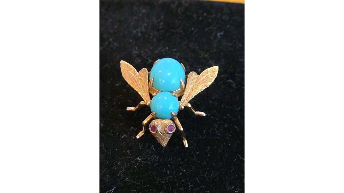 Vintage Turquoise 18K Yellow Gold Ruby 3D Bumble Bee Pin Brooch