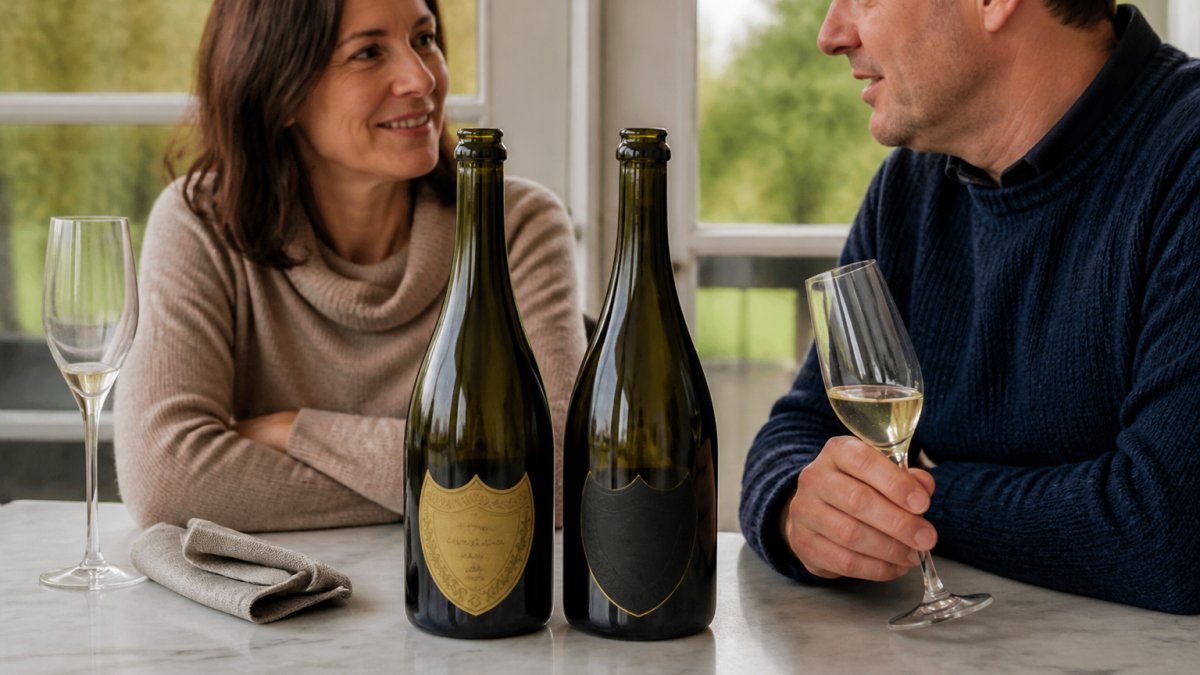 Two Champagne bottles side by side on a pale marble surface, one with a visible year printed on the label, soft daylight from a window, flutes and a folded linen napkin nearby