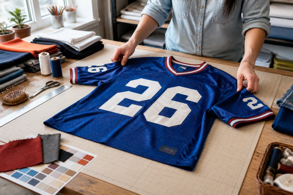 Hands carefully arranging a vintage sports jersey on a worktable surrounded by fabric swatches and sewing tools in a bright craft studio