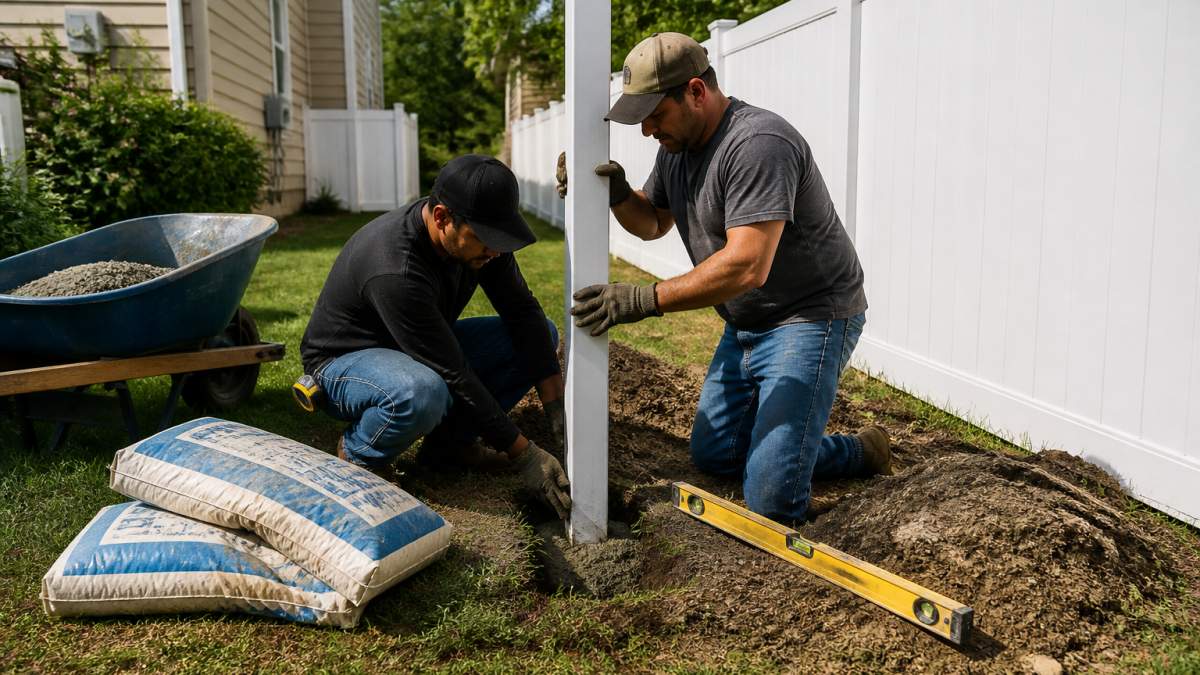 Two workers setting a white vinyl fence post in concrete, impacting the vinyl fence installation cost per foot.