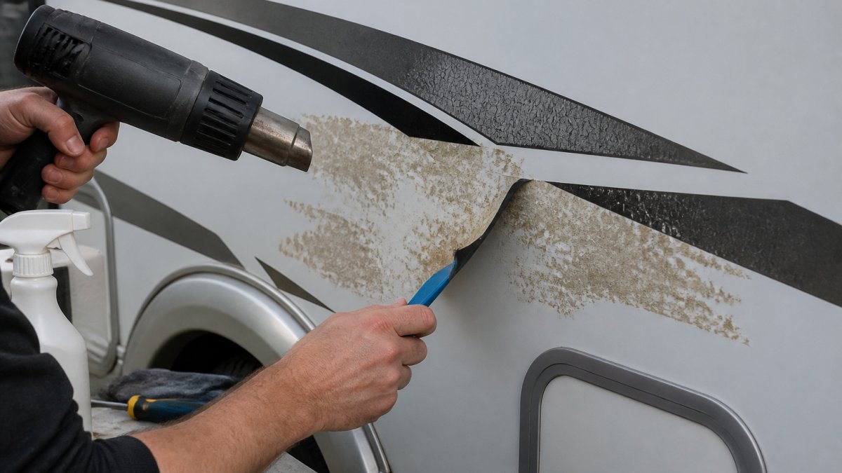Hands using a plastic scraper and heat gun to remove cracked vinyl decals from a motorhome side panel