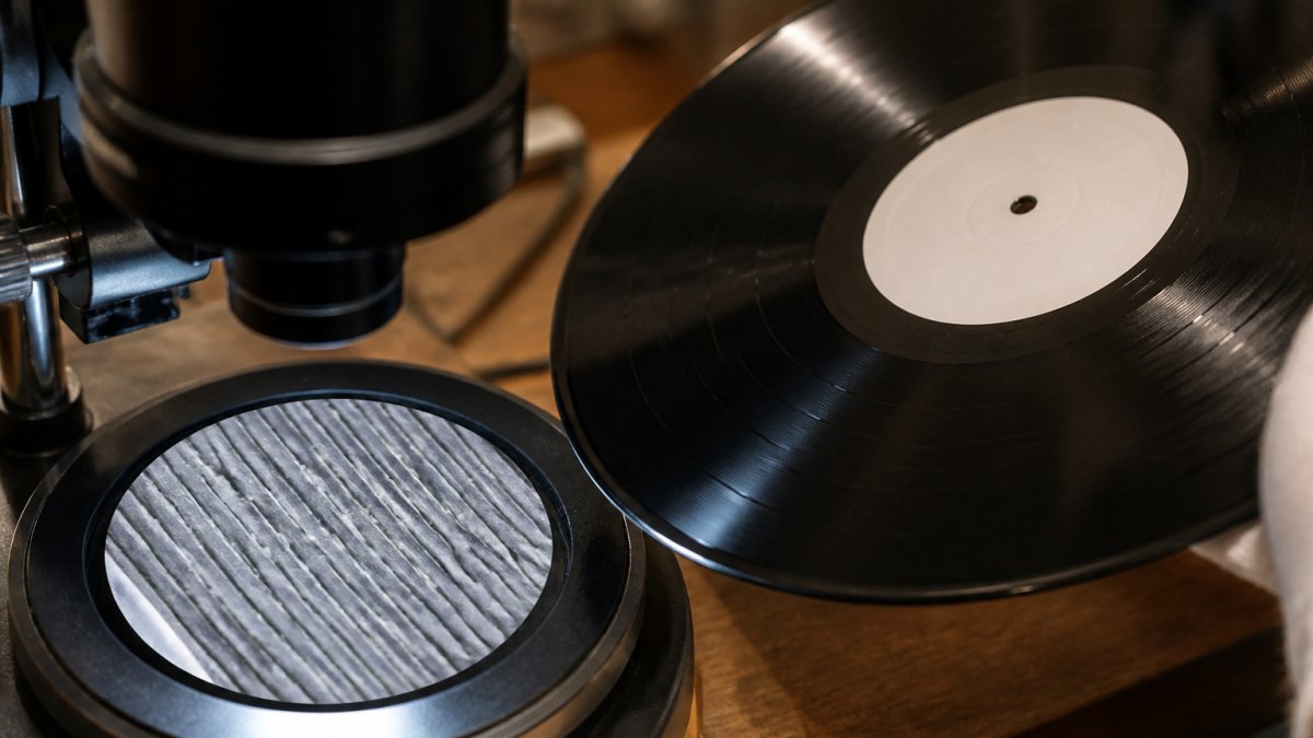 Close-up of vinyl record groove under magnification showing the physical spiral cut pattern, with a mastering engineer's hand holding a test pressing for inspection under studio lighting