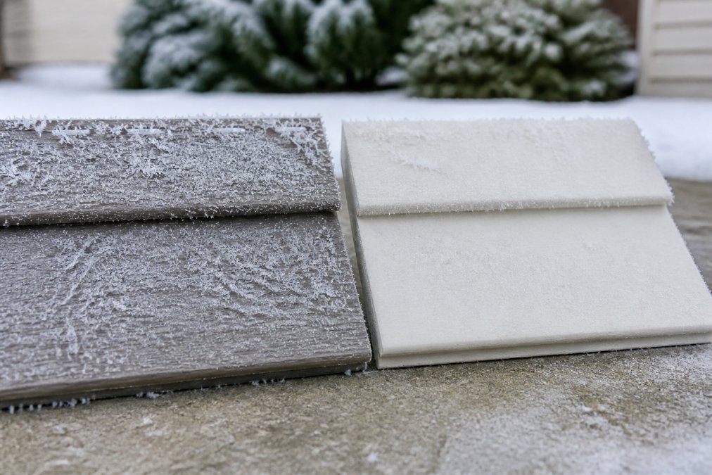 Close-up of fiber cement and vinyl siding samples side by side in winter conditions, with frost crystals visible on the surface to highlight cold-weather durability differences