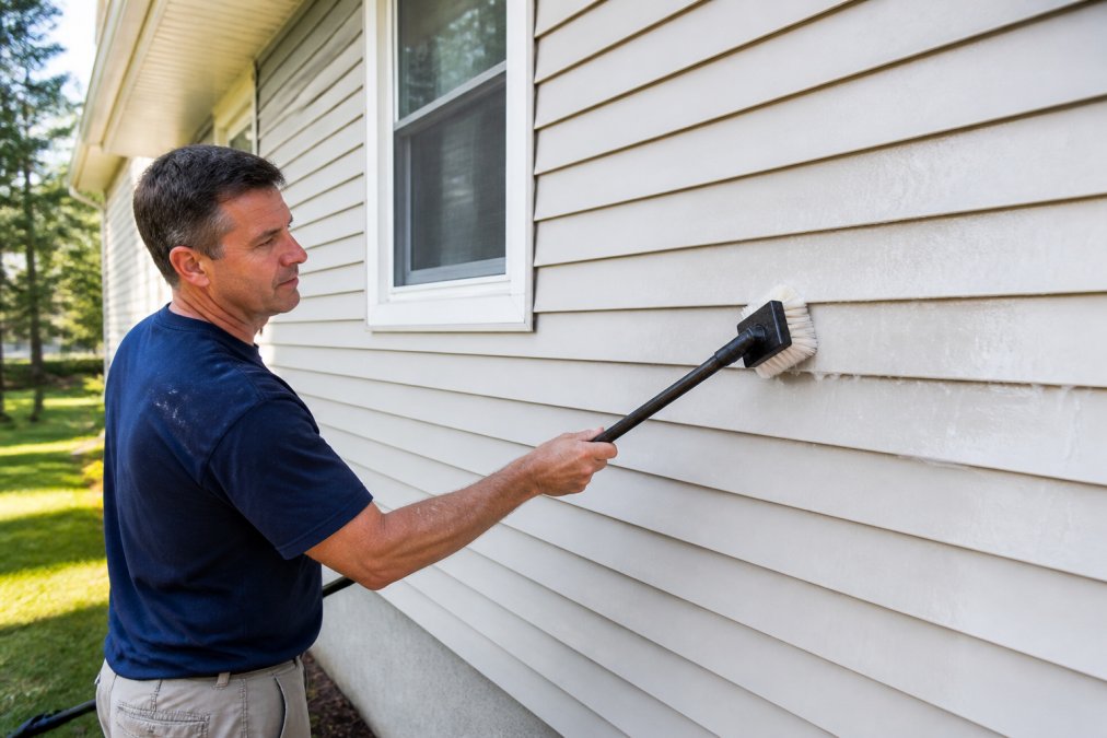 Homeowner using a soft brush and mild soap to clean vinyl siding on a residential home, demonstrating typical maintenance routine with natural daylight