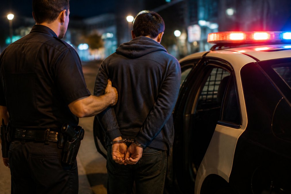 A person in handcuffs being guided by a police officer into a police vehicle at night, with blurred city lights in the background