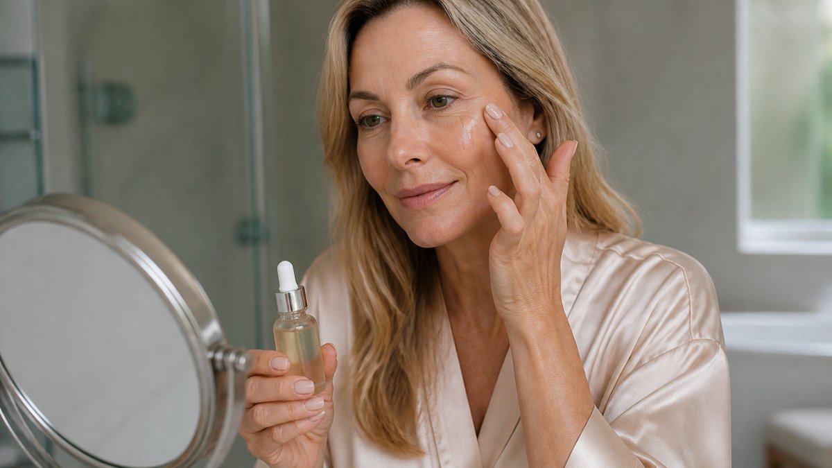 Woman in her 40s applying premium skincare serum to her face in natural morning light, showing the product texture and careful application technique on delicate eye area