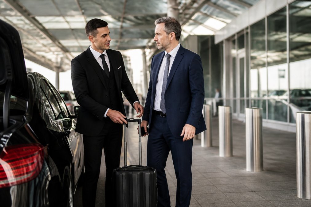 Professional chauffeur in formal attire assisting a business executive with luggage at a modern airport terminal, sleek vehicles visible in the background