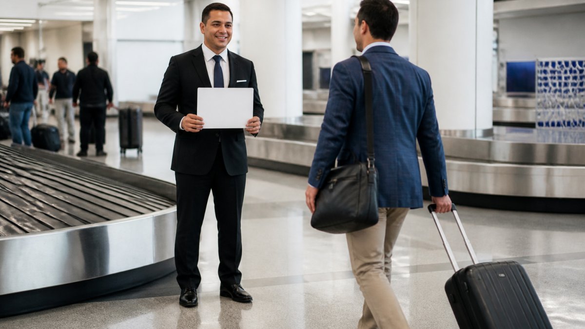 Professional chauffeur in dark suit holding a personalized name sign at Miami International Airport terminal, greeting an arriving business traveler with luggage near the baggage claim area