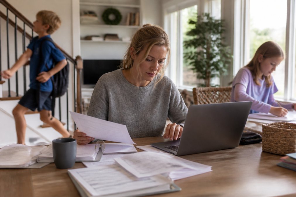 Busy parent at home office desk with laptop, managing household calendar and bills while children's activities and work commitments surround them, natural morning light from window