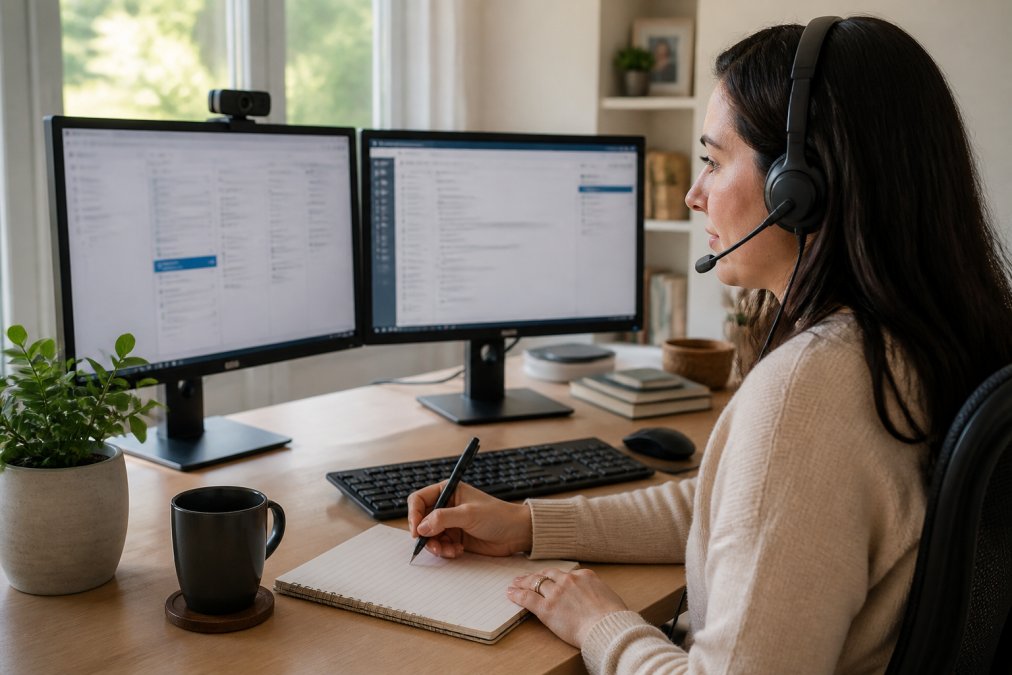 Professional virtual assistant at home office desk with dual monitors, multiple applications open on screens, organized workspace with notebooks and professional setup
