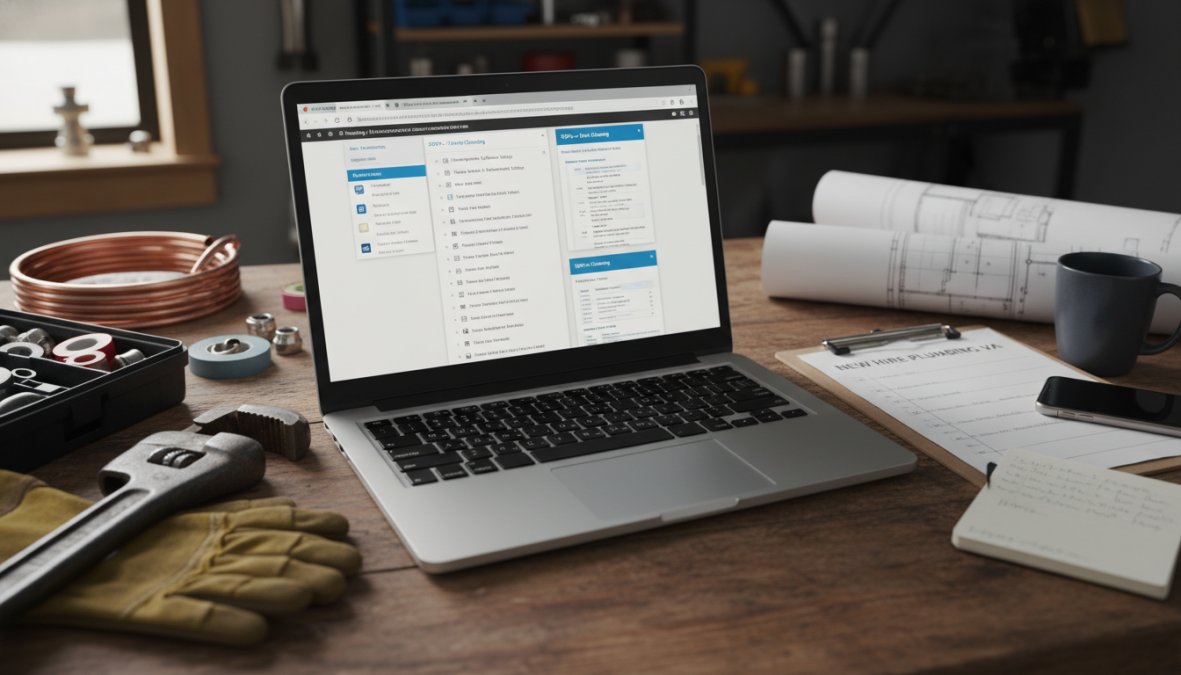 A plumbing business owner and a remote team member on a video call, laptop open with a printed checklist and onboarding documents visible on the desk, in a clean well-lit home office setting