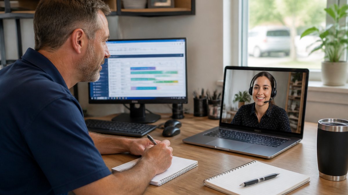 Plumbing business owner on video call with virtual assistant candidate, both with notebooks visible on desk, natural office lighting through window, computer screens showing dispatch software