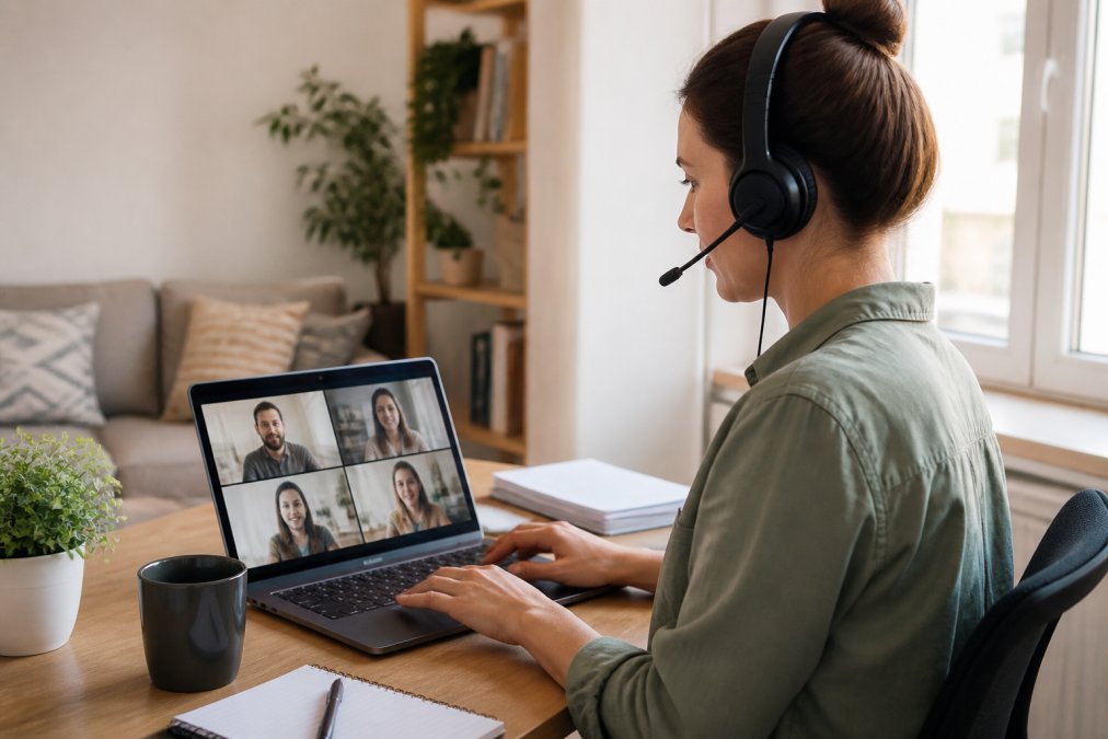Professional working at desk with laptop displaying VPN connection interface, headphones on during video call, natural office lighting streaming through window