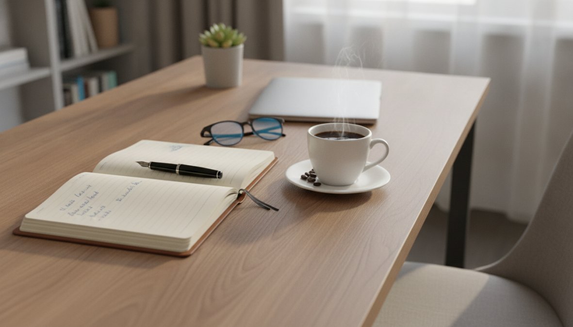Business professional reviewing work on laptop with notebook and coffee, focused on task management and monitoring