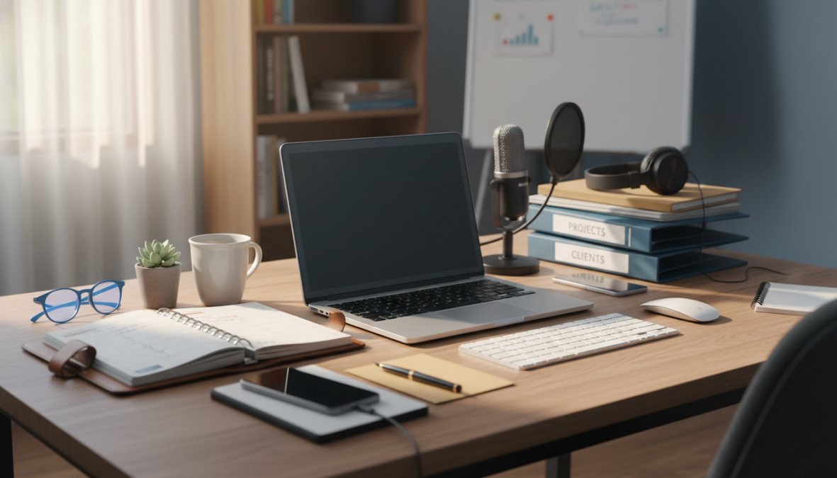 A remote professional sitting at a clean home desk setup with a laptop, headset, and open notepad, photographed from slightly above with warm natural window light, representing a virtual assistant handling administrative support tasks