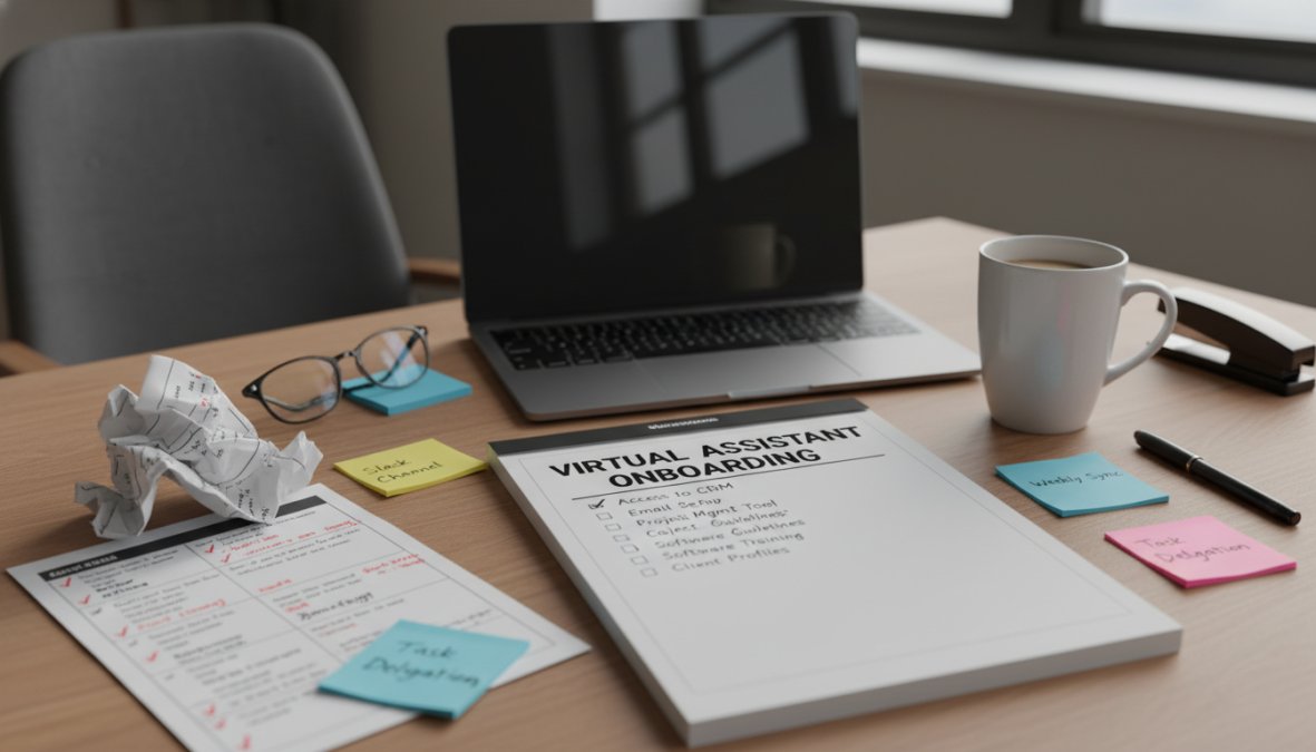 A business owner sitting at a desk reviewing printed checklists and sticky notes, with a laptop open showing a video call with a remote team member, photographed in a bright home office with natural light coming from a side window