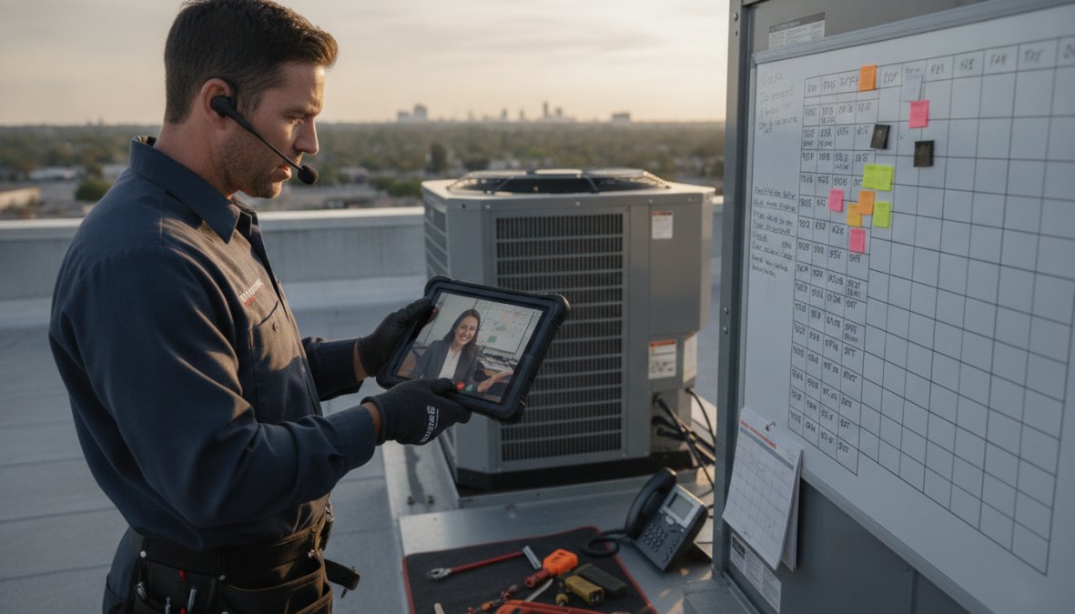 Professional illustration showing virtual assistant services for hvac