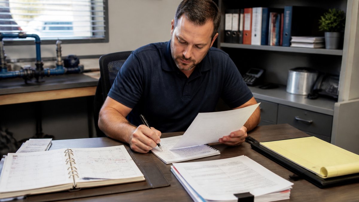 Plumbing business owner organizing virtual assistant tasks for plumbing marketing growth on a laptop at a desk
