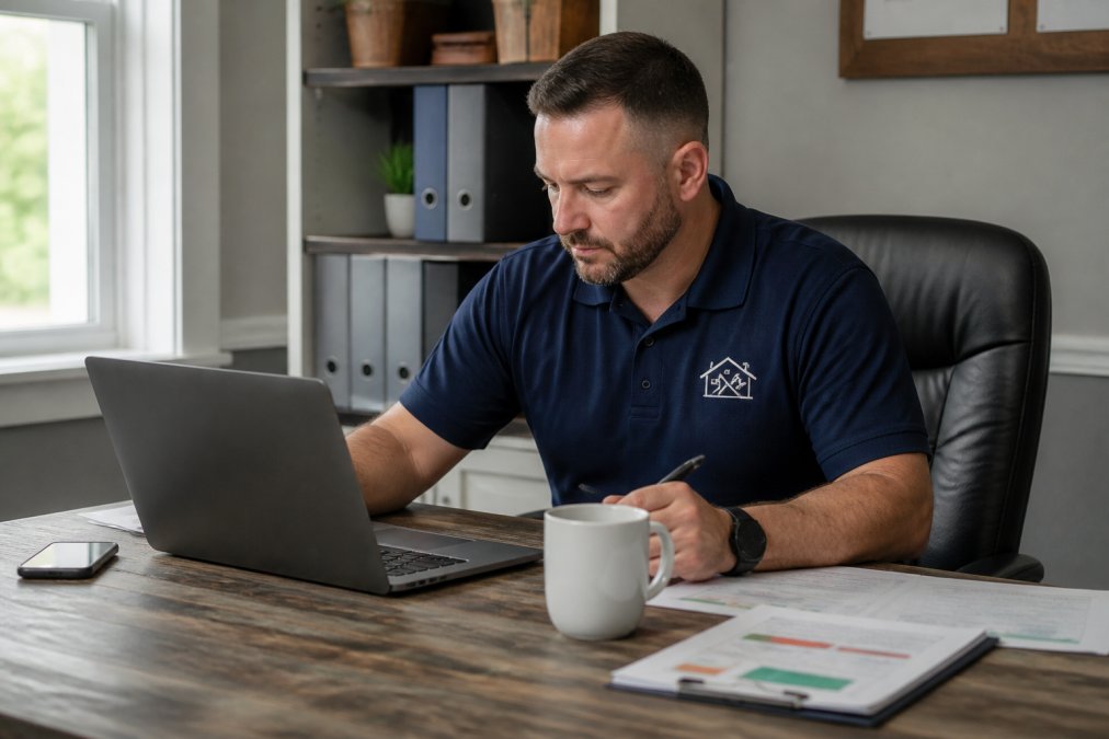 A home service business owner in a branded polo shirt reviewing financial spreadsheets on a laptop at a clean desk in a small office, with a phone and a cup of coffee nearby