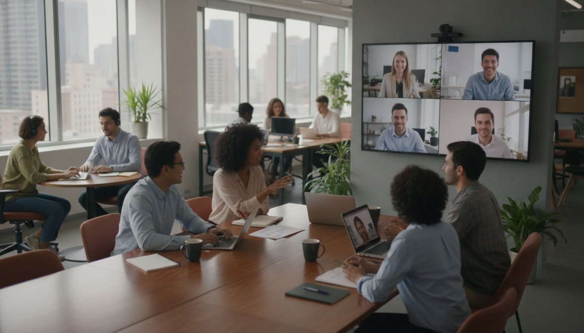 A diverse team of four professionals collaborating around a conference table in a modern office, with two large monitors on the wall displaying video calls with remote team members, warm overhead lighting and natural light from large windows