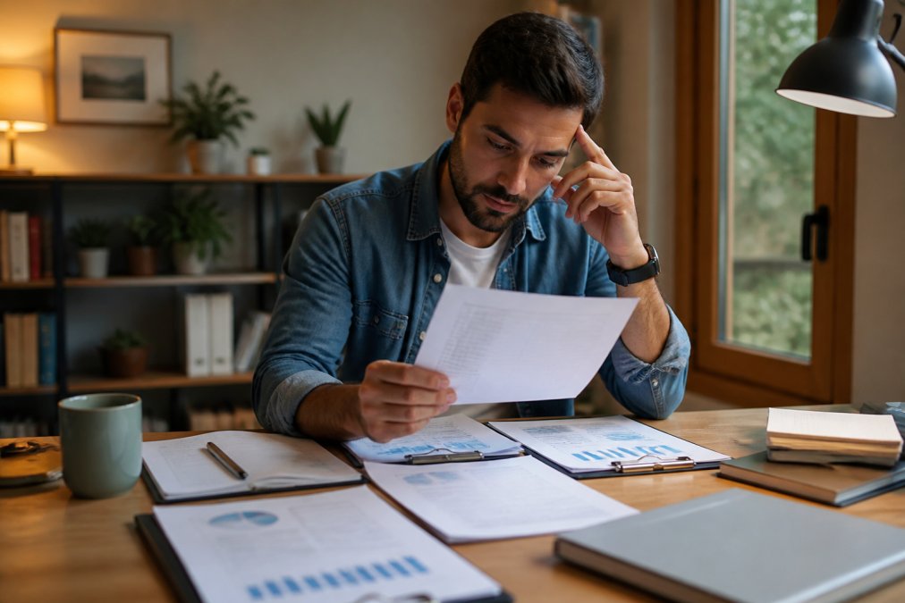 A startup founder reviewing a printed checklist at a desk with financial reports and a tablet spread out nearby, focused expression under warm desk lamp lighting suggesting careful due diligence in a modern home office