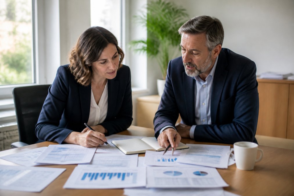 Business owner and CFO reviewing financial reports together at a desk with charts and documents visible, discussing quarterly results in a bright office setting with natural light from windows