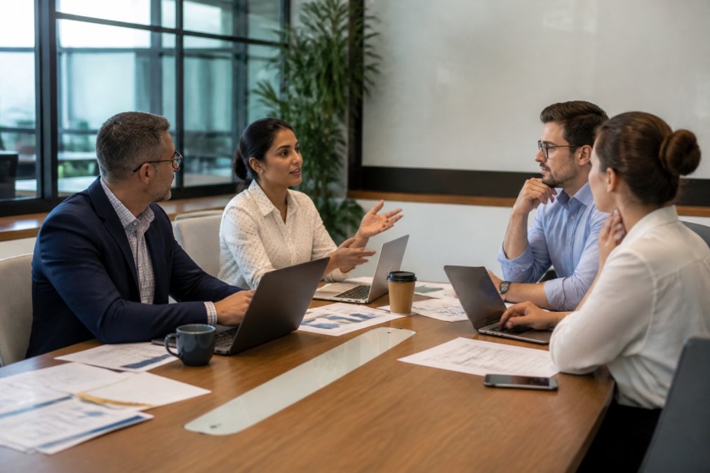 Small business team in a meeting room discussing financial strategy with laptops and financial dashboards visible on screen, reviewing quarterly performance together