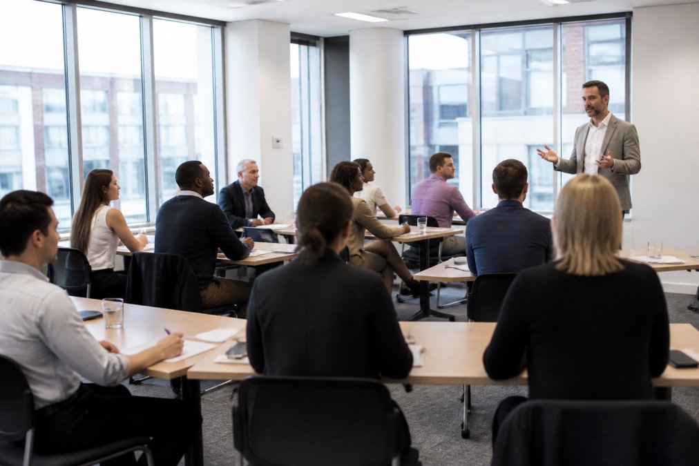 Diverse group of professionals in a modern training room, some seated at tables taking notes while others stand engaged in discussion with a trainer at the front, natural daylight from large windows