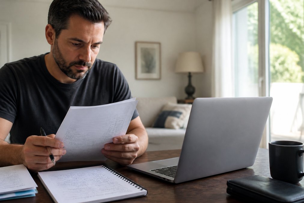 Man at home reviewing medical notes and health records on his laptop, with an organized notepad filled with handwritten health questions and symptom notes nearby, natural window lighting