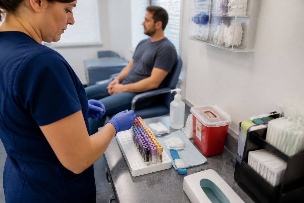 Healthcare professional in clinical setting preparing organized blood draw equipment and lab kit, with sterile collection tubes arranged neatly and patient comfort supplies visible, professional medical environment
