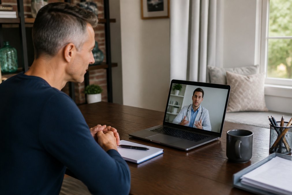 Man in professional home office setting on video call with healthcare provider on laptop screen, relaxed posture, natural window lighting, confident expression