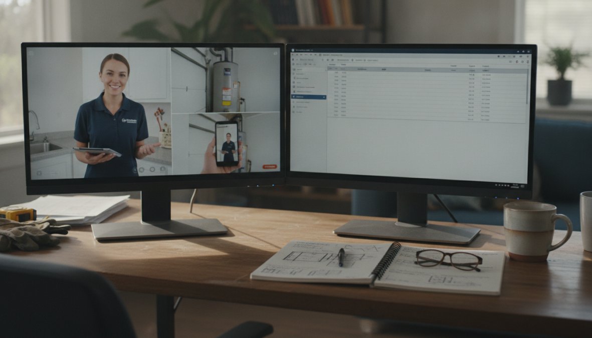 A home service estimator working remotely at a desk with dual monitors, reviewing customer-submitted photos of a home exterior and typing up a digital quote, with a coffee mug and notepad nearby