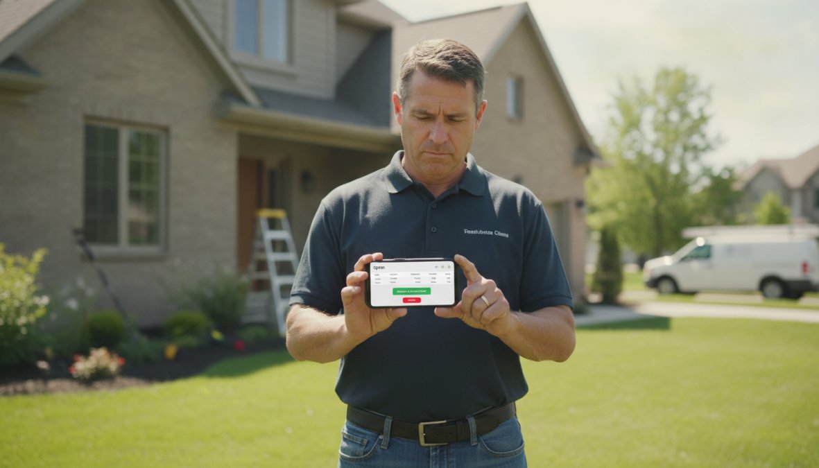 A contractor in a hard hat standing outside a residential property on a sunny day, holding a smartphone and reviewing a digital quote approval notification on the screen