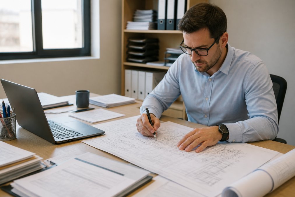 Professional illustration showing office and manager and estimator concepts for virtual estimator vs in house