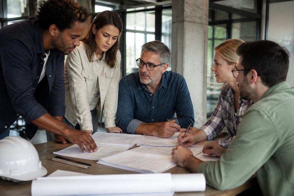 Professional illustration showing diverse and team and collaborating concepts for virtual estimator vs in house