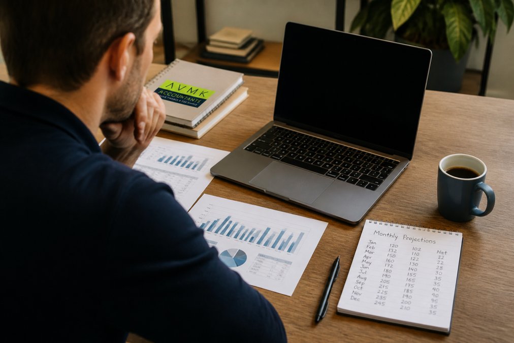 Business owner reviewing cash flow forecast on laptop at desk with printed financial reports and notepad showing monthly projections