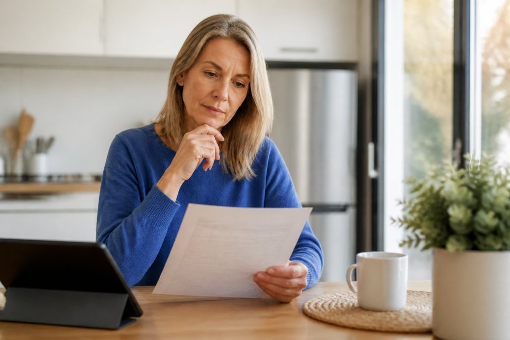 A woman in her early 50s reviewing a printed lab results sheet at a kitchen table, looking thoughtful and engaged, with a tablet open beside her