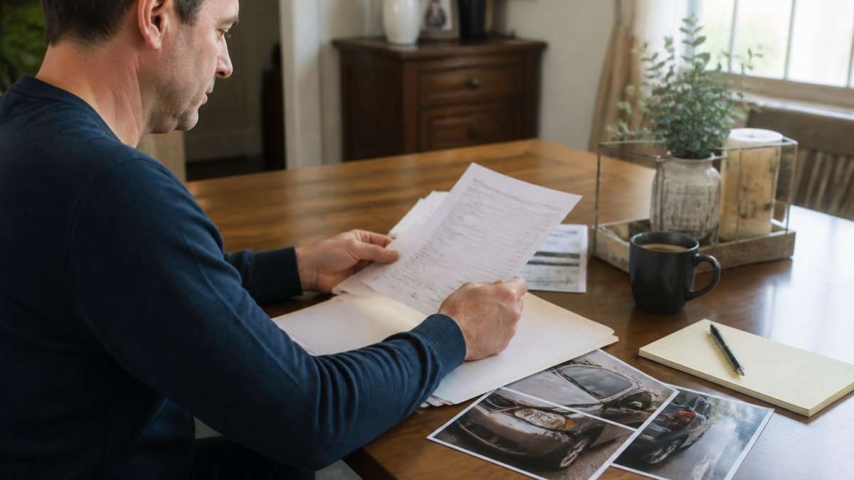 Professional sitting at home desk during video call with lawyer, with medical records, accident photos, and insurance documents visible on desk surface in natural office lighting