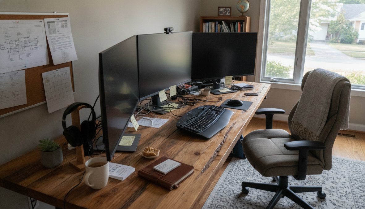 Construction office manager working at desk with multiple monitors displaying invoices, project schedules, and Procore software interface with natural office lighting