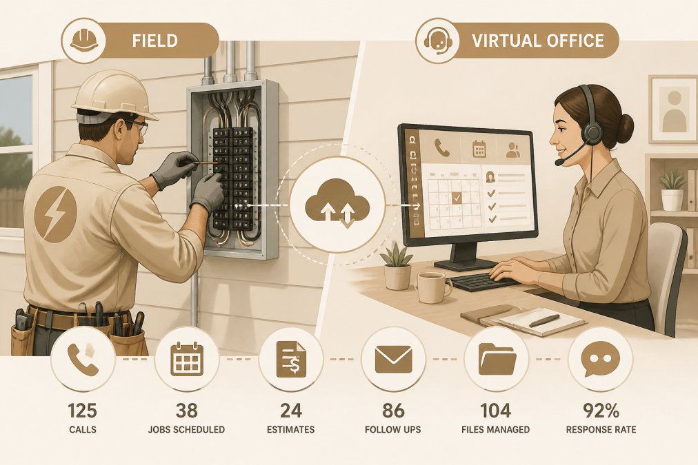 Electrical contractor in safety gear working on a residential panel while a professional office staff member manages calls and scheduling on a computer in a home office, showing the operational separation between field and office work