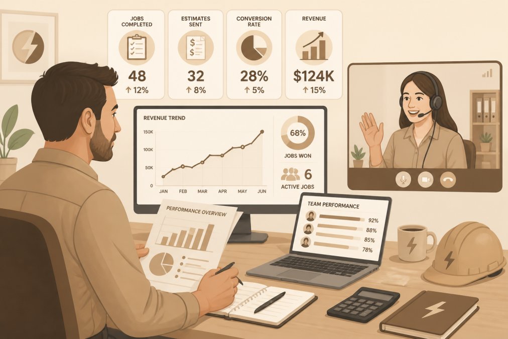 Small electrical contracting business owner reviewing performance reports and metrics with a virtual team member on a video call in a home office, showing collaboration and performance monitoring
