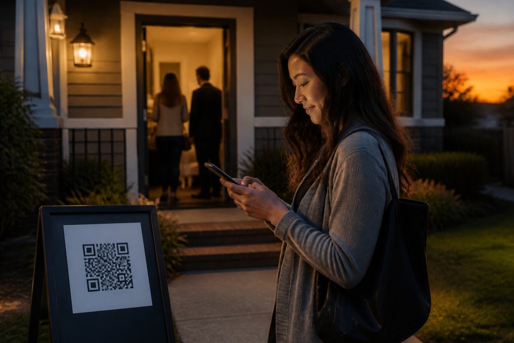 A real estate agent standing on a front porch at dusk, phone in hand, reviewing a list of visitor names on the screen while warm interior light spills through the open door behind her