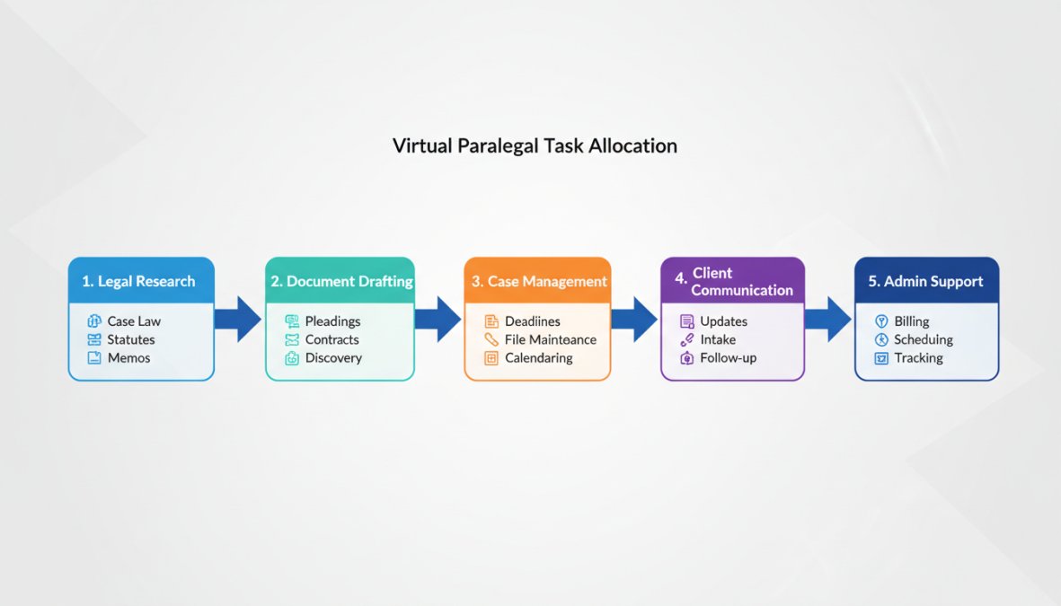 Flowchart showing virtual paralegal task allocation: Legal Research (case law, statutes, memos) → Document Drafting (pleadings, contracts, discovery) → Case Management (deadlines, file maintenance) → Client Communication (updates, intake, follow-up) → Admin Support (billing, scheduling, tracking)