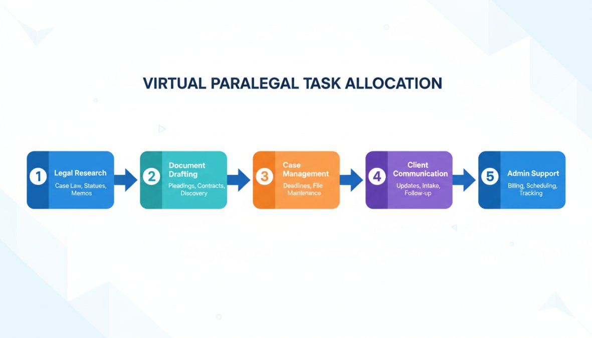Educational diagram explaining Flowchart, Legal Research, Document Drafting, Case Management for virtual paralegal