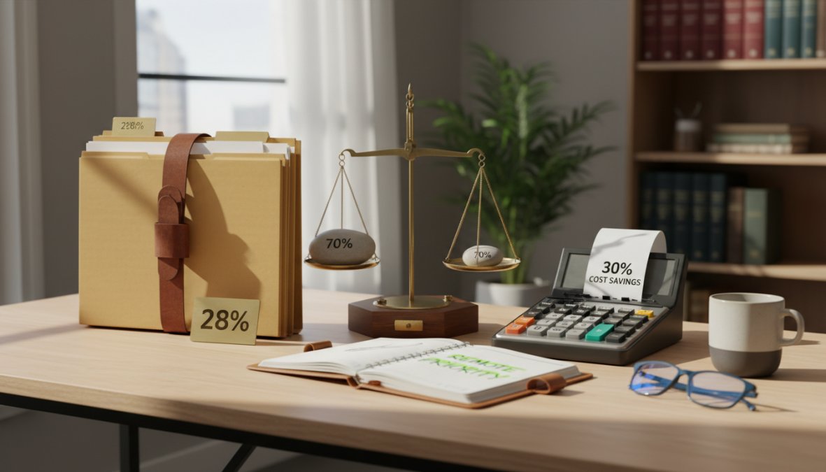 Bar chart comparing key market statistics: 28% growth in virtual placements, 70% of firms outsourcing tasks, 30% cost reduction in year one, 71% of lawyers prioritizing remote options