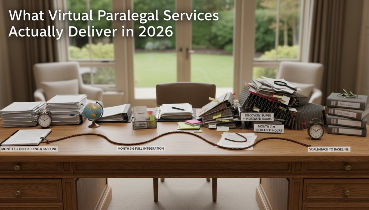 Timeline showing virtual paralegal scaling phases: Month 1-2 onboarding and baseline hours, Month 3-6 full integration, Month 7-9 discovery surge with increased hours, Month 10-12 scale-back to baseline