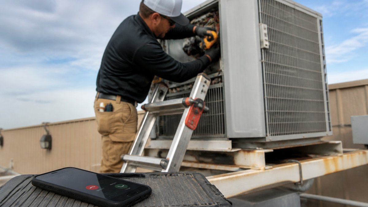 HVAC technician repairing a rooftop unit while ignoring a missed call that a virtual receptionist could handle.