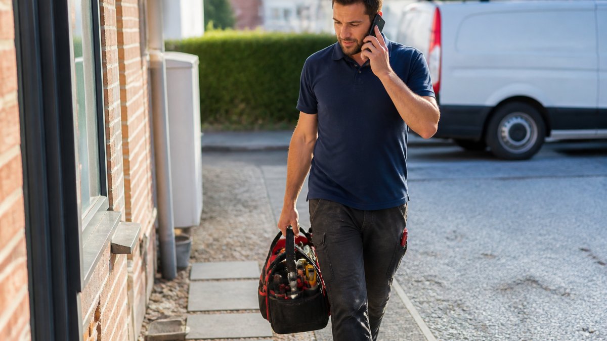 A plumber in work clothes answering a call on a smartphone at a job site, tool bag beside him, service van visible in the background under afternoon light